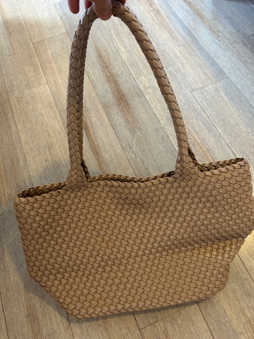 Beige Faux leather Woven Tote Handbag in Taupe mid size sturdy trendy bag - Picture 5 of 16